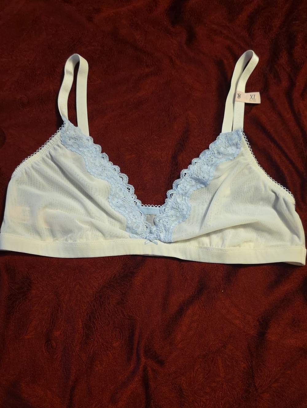 Victoria's Secret White With Pale Blue Lace Trim Wireless Bralette XL